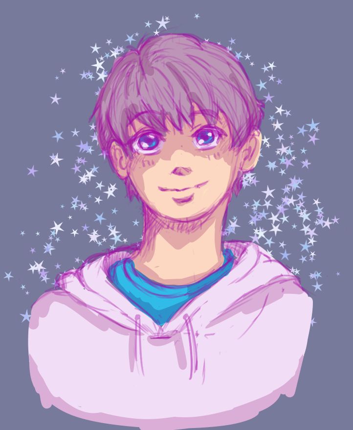 A colored digital portrait sketch of Love and Deepspace's Xavier. He is colored with a mix of light blues and purples, his hoodie colored with the lightest purple that makes it look white. There are also light purple and white stars surrounding him.