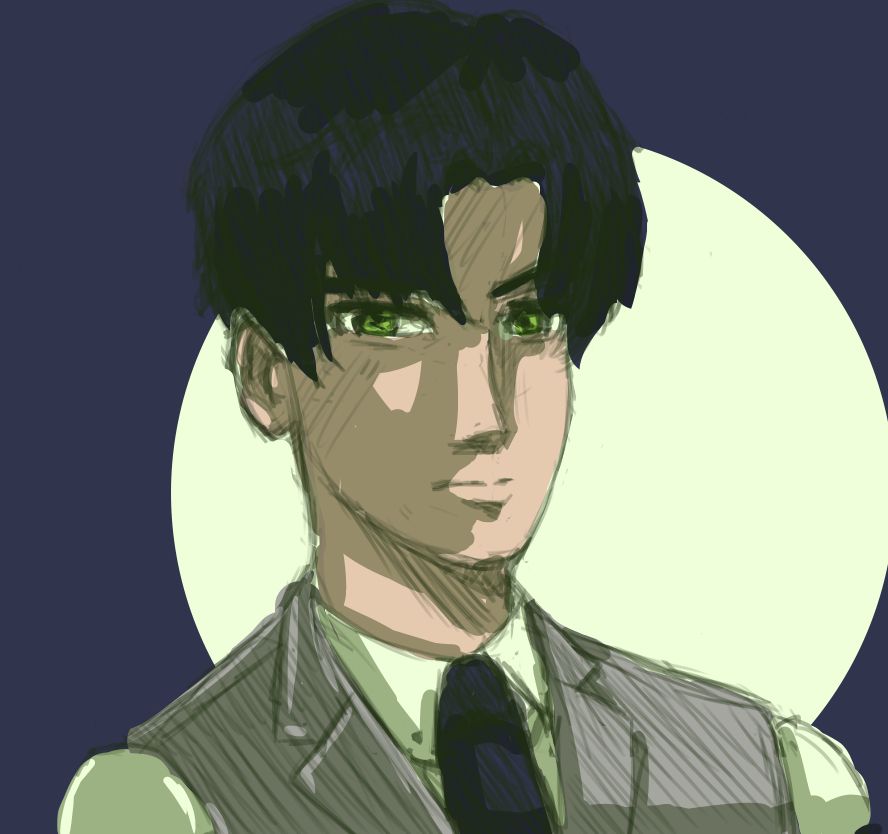 A digital colored portrait sketch of Zayne from Love and Deepspace. He is colored with a mix of blues and greens, most notably a very light green circle behind his head. He is wearing his grey sleeveless vest with a dark blue tie.