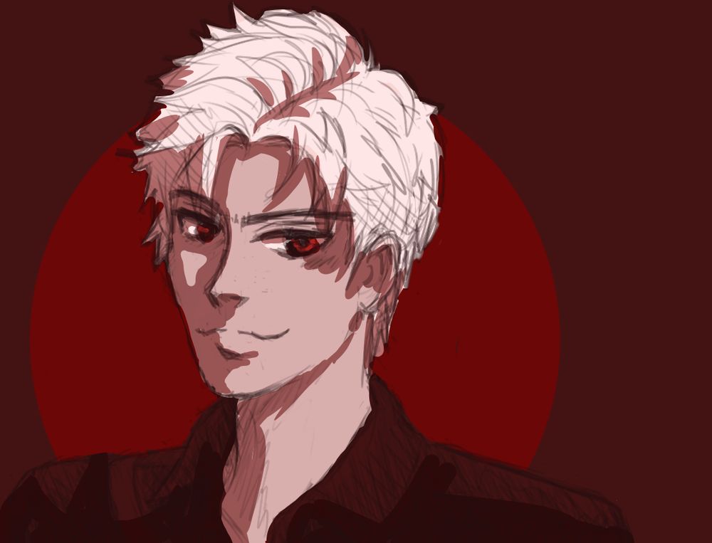A digital portrait sketch of Love and Deepspace's Sylus. He is colored with a monochrome palette of red, white, and black. He's turned three quarters towards the viewer while smirking. The background is a dark red with a slightly lighter circle behind him.
