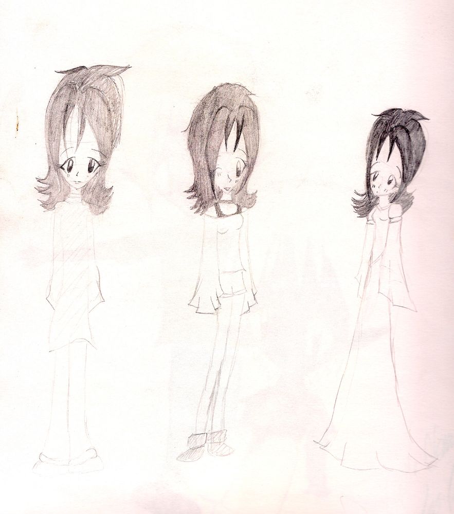 Graphite drawings of my self-sona circa 2005 in different outfits. Left most features a long tunic with long jeans. Middle one features a black tank top with an off-shoulder shirt with the sleeves covering the hands. Is also wearing shorts and ankle boots. Rightmost is in a medieval style dress with long sleeves and full skirt. 