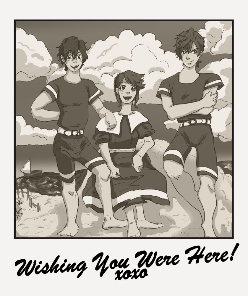 The same image as the above post of my Ikevamp OC Thea sitting at the beach with Ikemen Vampire's Arthur and Theo in 1890s style swimwear. The image is now in sepia tones with a frame to make it look like an old photograph. The text below it reads: 'Wishing You Were Here! xoxo'