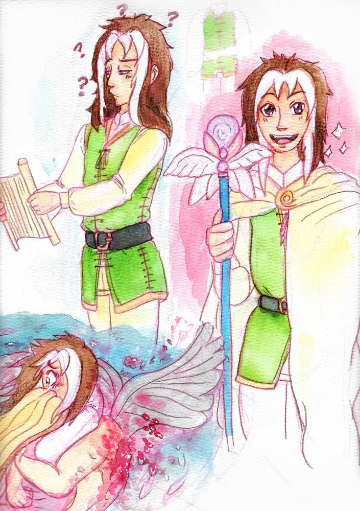 Three watercolor illustrations of a tall man with long brown and white hair in various poses. This is my original character, Takashi. The top leftmost image has Takashi in a green tunic, stitched up the side with a black belt around his waist, holding out a scroll and looking at it rather confused. 

The right most image has Takashi in the green tunic and black belt again, but he's also wearing a yellowish white cloak that covers his left (our right) side. In his exposed hand is a long blue staff with a glass ball on top of it, with white wings as decoration on the staff. He looks excited to be going on an adventure!

Left bottom image has Takashi shirtless as two grey wing bloodily rip out of his back. He's gripping tightly onto a woman with a pink and white shirt and long blonde hair with brown bangs, her face hidden in the crook of her arm as she holds Takashi around his neck. Part of Takashi's face his hidden behind the woman's head, save for his eye which is opened wide as tears fly from it.
