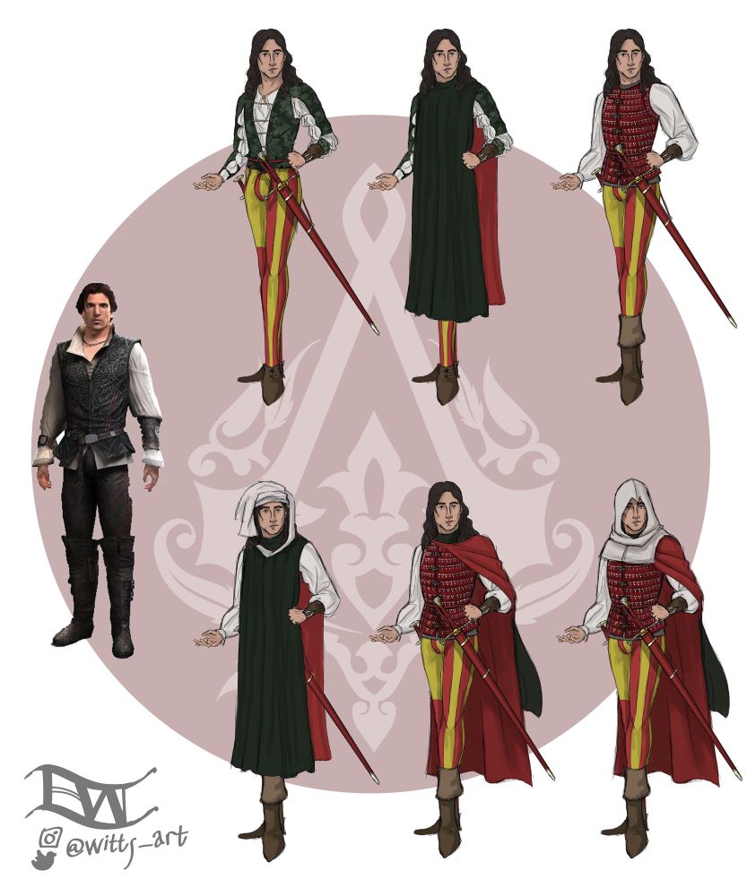 Ezio Auditore da Firenze from the Assassin’s Creed series, dressed in 1490’s Florentine garb. He wears joined hose patterned in red and yellow, and a patterned slashed doublet over a billowy white shirt. He has a longsword and dagger hanging from his belt. In other configurations, he wears a lucco (a renaissance florentine overgarment) that can function as a cloak and hide armour beneath when he wears it. The armour in question is a brigandine and a short sleeveless mail shirt. His signature white hood can be worn as a chaperon to look less conspicuous. 