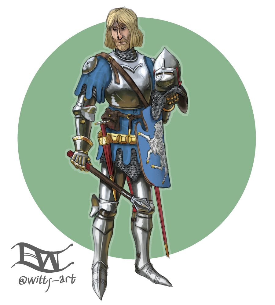 A knight in his armour. He is tall, with chin-length blond hair and a short beard. His armour is typical of a 1390’s German knight; a full plate harness, with a short sleeved coat with dagged hems. He holds a mace in one hand and his helmet, a pig-faced bascinet, in the other. His shield, emblazoned with a white goat on a blue field, hangs from a strap on his shoulder, and a longsword at his side pokes out from behind it. While his kit is knightly but not gaudy, an intricately decorated pair of hourglass gauntlets betray his former wealth before joining the Order of Saint Michael, which involved him giving up his lands granted to him by the Livonian Order, his former employer.