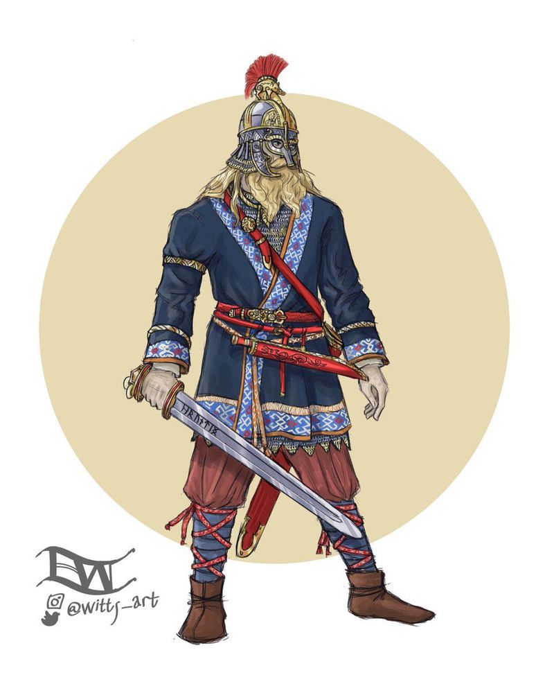 Beowulf, depicted as a burly man in 6th century Germanic garb. He has long hair and a bushy blond bear, and wears a mail shirt covered by a navy blue wrap coat, hemmed with a tablet-woven trim.