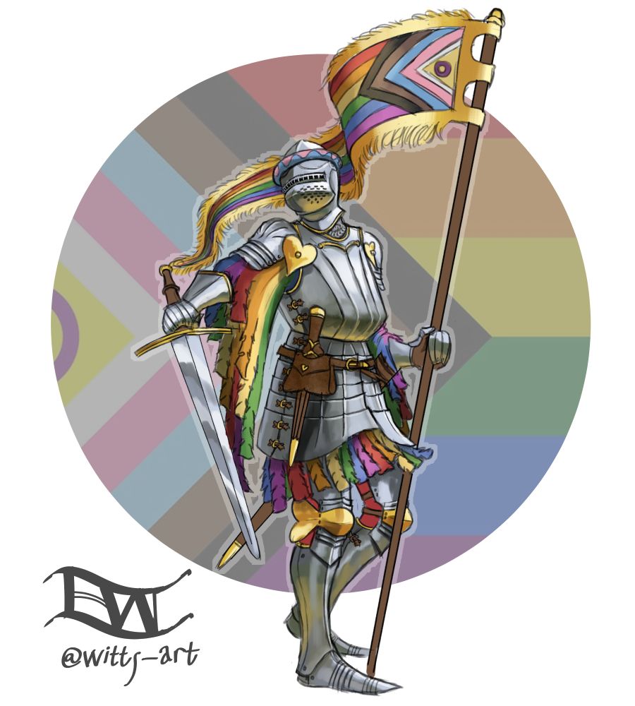 A knight in mid-15th century German armour, with a fluted Kastenbrust cuirass and a bicoque helmet. The knight carries a longsword in one hand and a banner of the Inclusion pride flag in the other, and is wearing a rainbow-patterned houppelande with dagged hems underneath the cuirass.