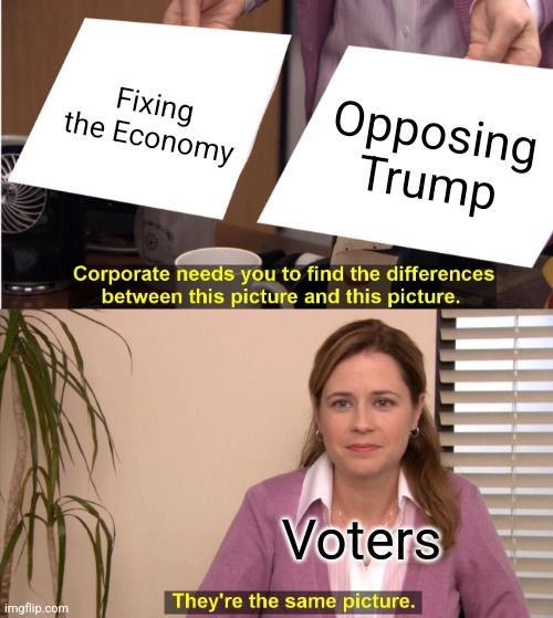 meme from the office. Panel 1: Dialogue: Corporate needs you to find the differences between this picture and this picture. Image: hands holding up two pieces of paper. One of them says "Fixing the Economy" and the other says "Opposing Trump". Panel 2: Image: a young woman in office attire. Dialogue: Its the same picture