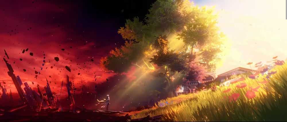 a landscape separated in two. one side is dark and red showing chaos and destruction with ruins while the other is sunny with verdoyant fields. in the red side, there is a lonely man watching toward the other side