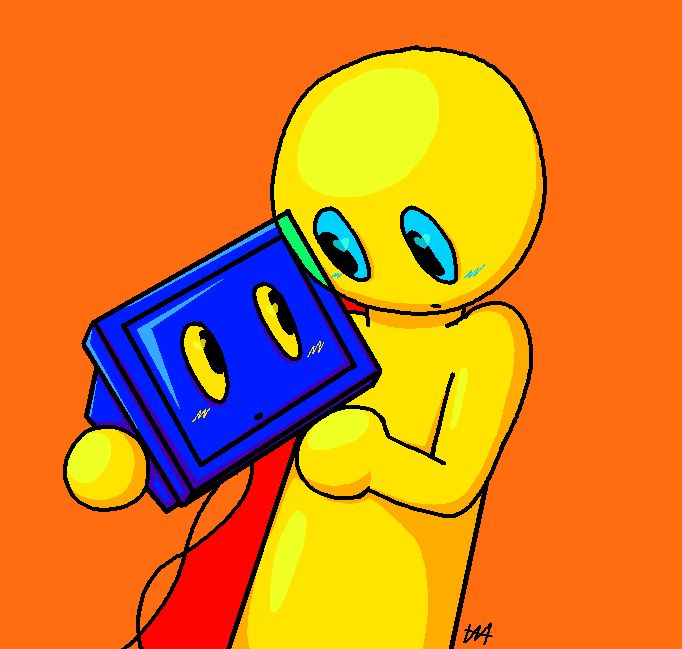 An illustration of a yellow person with cyan colored eyes holding onto a blue computer monitor with yellow eyes on its screen, both looking into each others eyes. The lines of the person and the monitor cross over each other at one point, the overlapping part being colored green. The background is solid orange with some parts of it being more red