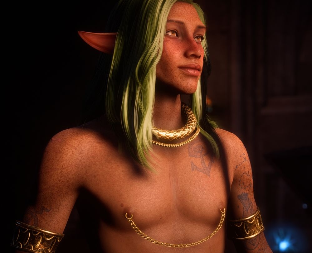 A male elf Rook with green hair and freckles and nipple piercings connected by a gold chain