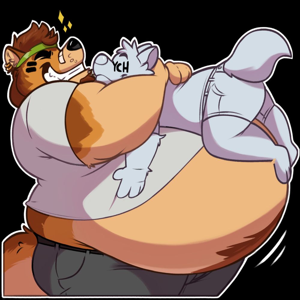 Wonder, the anthropomorphic coyote, picking up a blank character over his large belly into a tight hug!