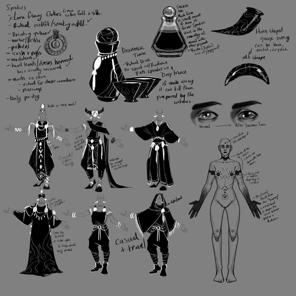 Some quick black and white sketches of clothing designs for the Speakers from my project SEED. These deisgns include some daily wear as well as ceremonial clothes.