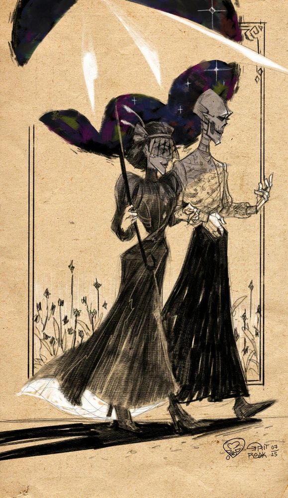 An illustration on brown paper of two figures walking together, arms linked, under a negative-space umbrella, one is a feminine figure dressed in gothic attire, the other is a taller skeleton dressed in a long skirt and semi-transparent floral top. 