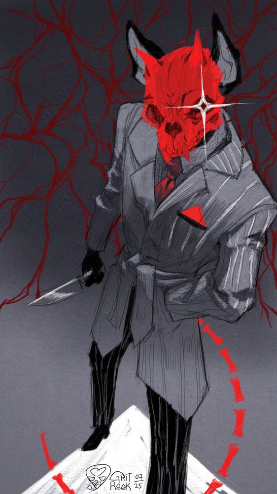 Illustration of a masculine figure in a grey pinstripe suit, and a red rat or mouse skull and fitting bony tail, holding a knife. With their hands in their pockets, they stare at the viewer with a star for an eye, looking intimidating.