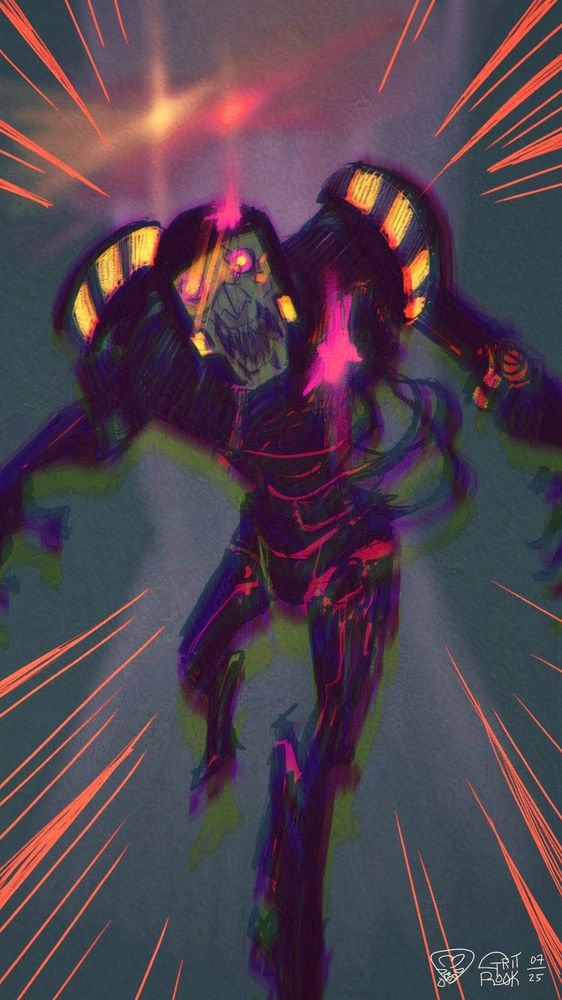 Illustration of a zombie-like robot with vibrant pink and yellow reflectors rushing towards the viewer, screaming.