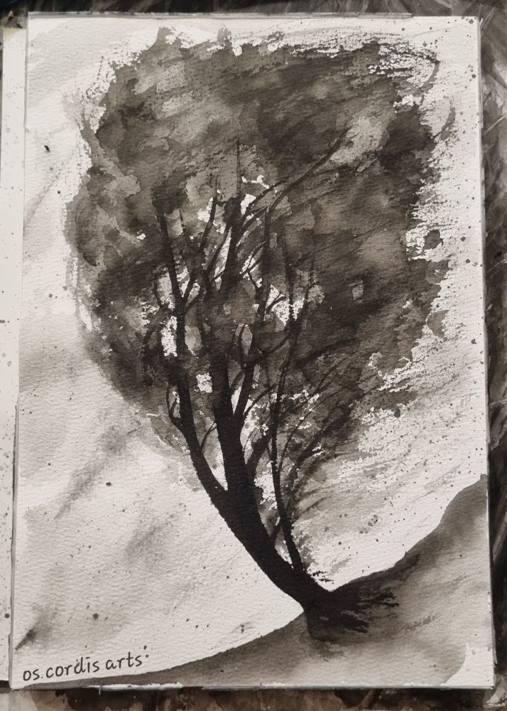 A photo of a painting by os cordis. The painting depicts a tree in the wind in the simplified eastern Sumi style. 