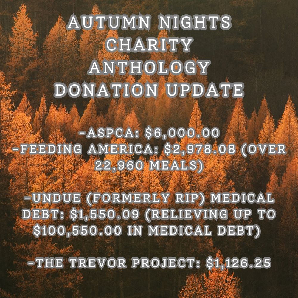 Donations:
ASPCA: $6,000
Feeding America: $2,978.08
Undue (formerly RIP) Medical Debt: $1,550.09
The Trevor Project: $1,126.25
Background of fall colored trees