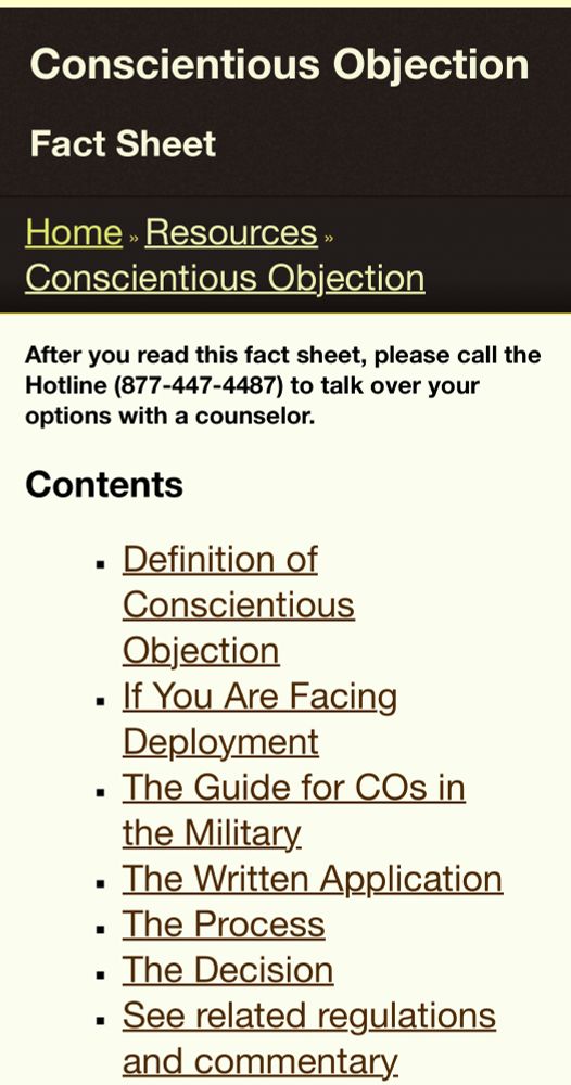 Screenshot of the Concientious Objection page from the GI Rights Hotline
