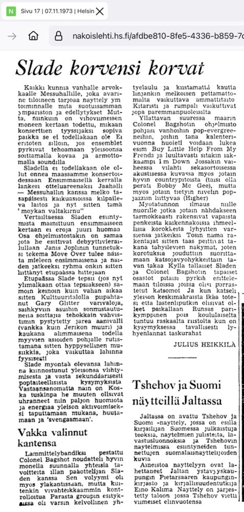 Julius Heikkilän konserttiarvio HS 7.11.1973 ”Slade korvensi korvat”.