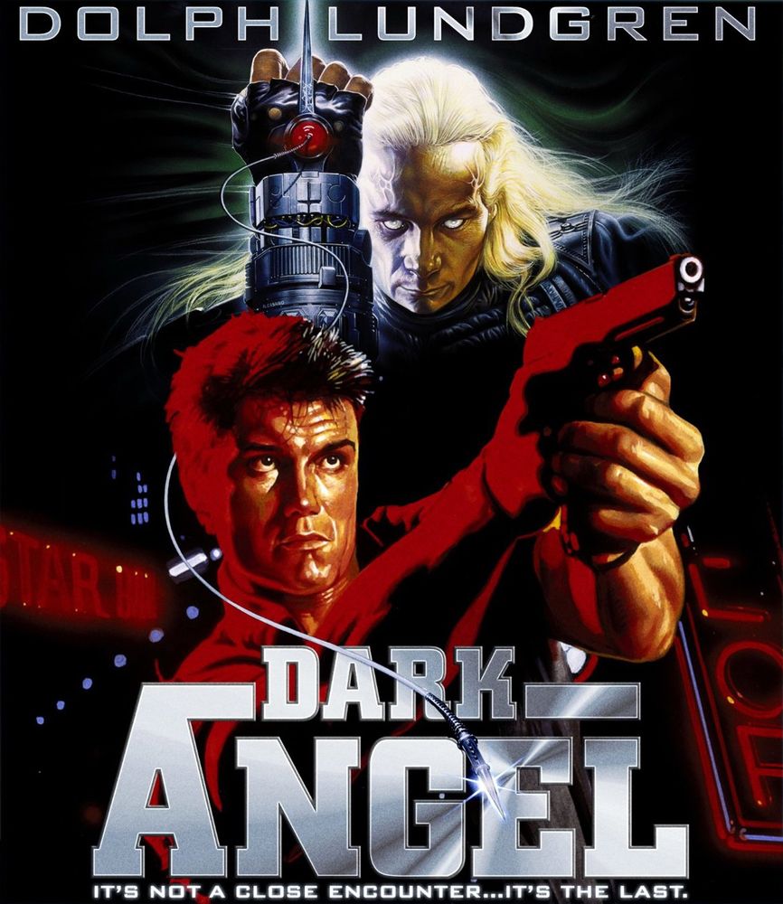 Poster for the family Christmas classic “Dark Angel,” a 1990 assault on the senses starring Dolph “He-Man” Lundgren.