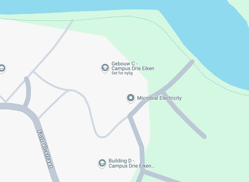 A google maps screenshot of the Antwerp University Drie Eiken Campus, with "Microbial Electricity" a labeled landmark.
