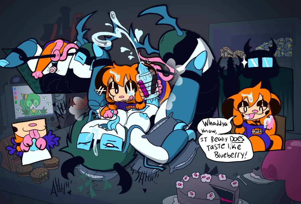 irewig getting a birthday bash from brg1r. brg1r is using his paten pending device to make irewig cum profusely, so much that her big mandibles are clicking and clacking around 