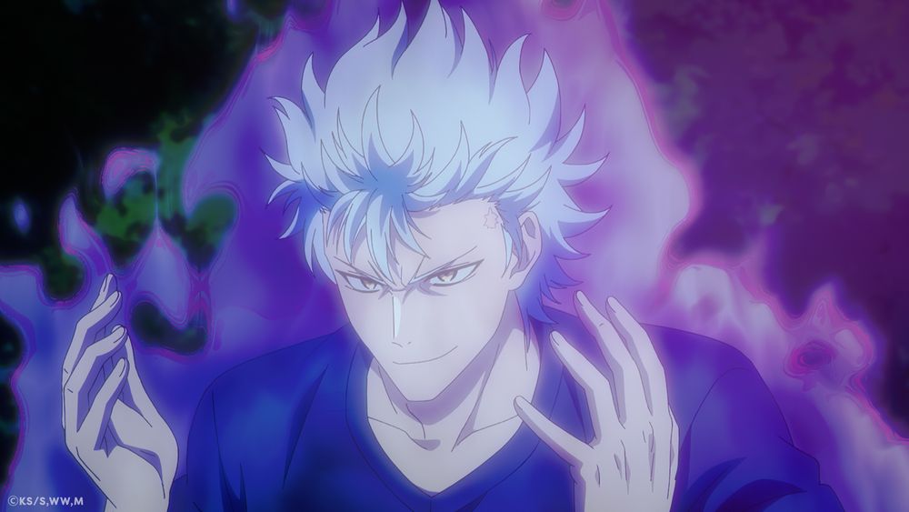 "Wolf" in WITCH WATCH, white haired man with raised hair, purple aura, and sinister look on his face.