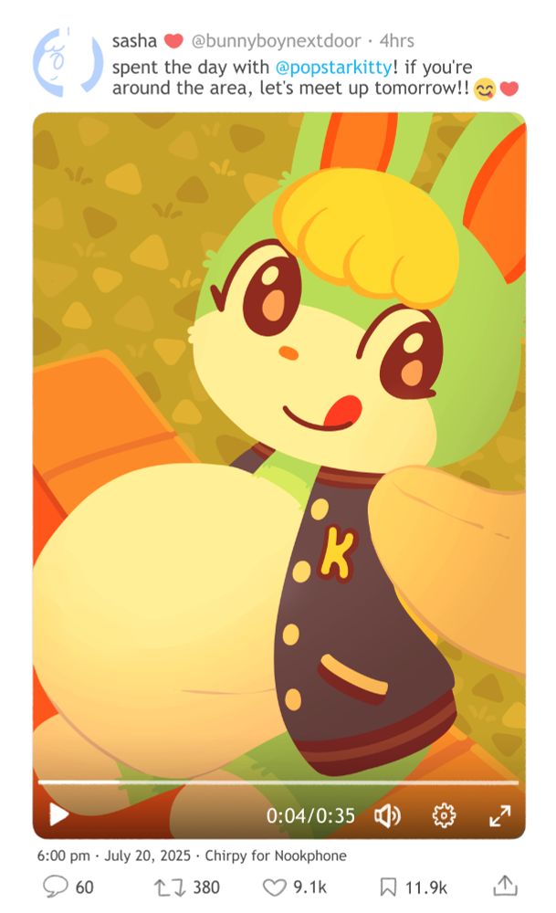 An illustration of Sasha from Animal Crossing on a fake social media post. Sasha has taken an upward angle video selfie, his stomach completely protruding out of his open jacket. The fake post's caption reads, "spent the day with @/popstarkitty! if you're around the area, let's meet up tomorrow!! 😋❤️"