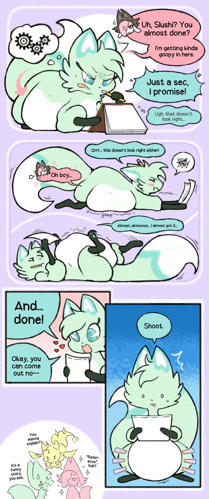 A comic featuring Slushi, Cofi, and Fwench Fwy from Chikn Nuggit. Slushi has eaten Cofi in the name of "reference" and is completely absorbed in her drawing session until the very last minute. An angry Fwench Fwy later reforms Cofi and confronts Slushi.