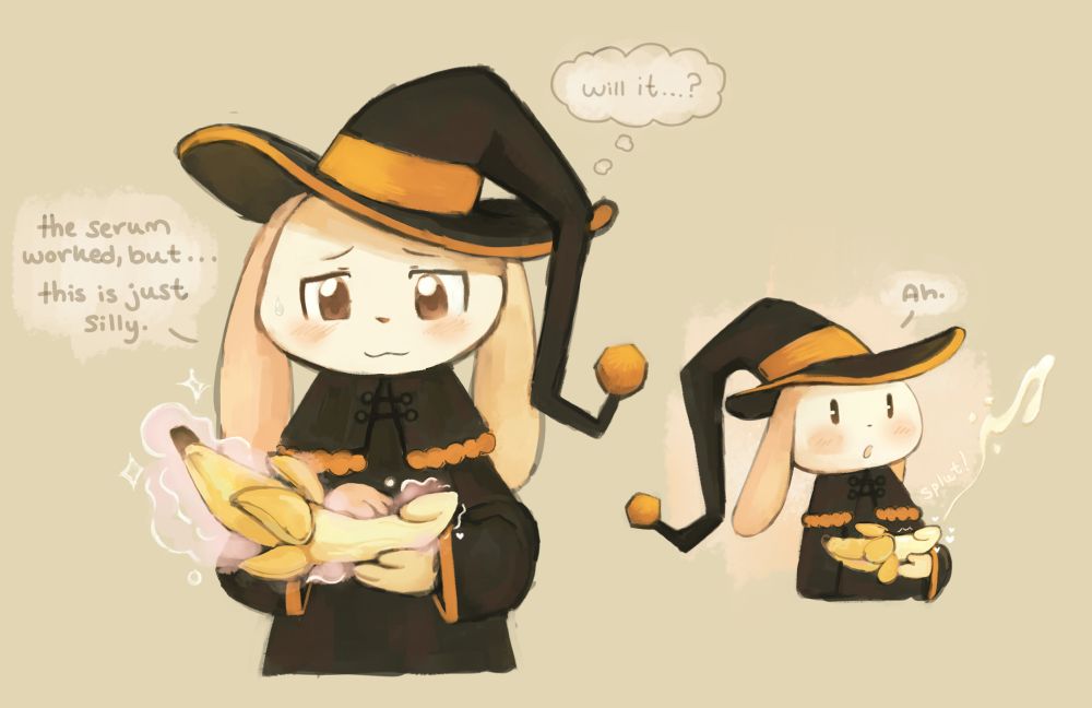 A rabbit witch sheepishly holds a penis-shaped banana with magic, wondering to themself if it could possibly cum. To their surprise, it does.