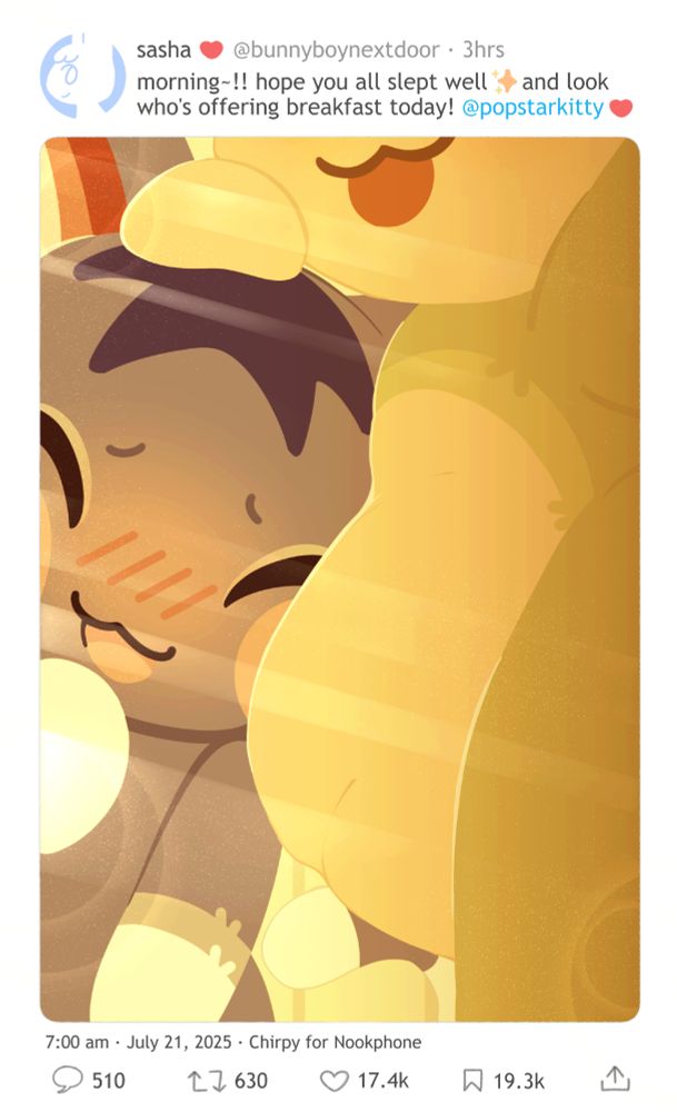 An illustration of Sasha and Rosie from Animal Crossing on a fake social media post. Sasha has a paw resting on top of a blushing Rosie's head within the early morning, pushing her against his sagging stomach teasingly. The fake post's caption reads, "morning~!! hope you all slept well ✨ and look who's offering breakfast today! @/popstarkitty ❤️"
