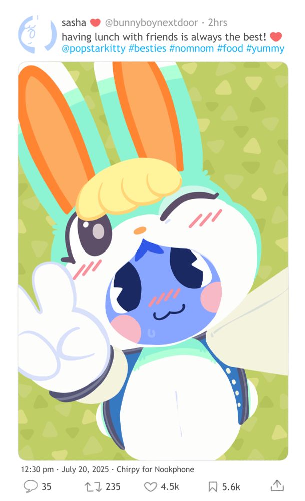 An illustration of Sasha and Rosie from Animal Crossing on a fake social media post. Sasha has taken an upward angle selfie with Rosie, whom is completely in his mouth and stomach. The fake post's caption reads, "having lunch with friends is always the best! ❤️"
