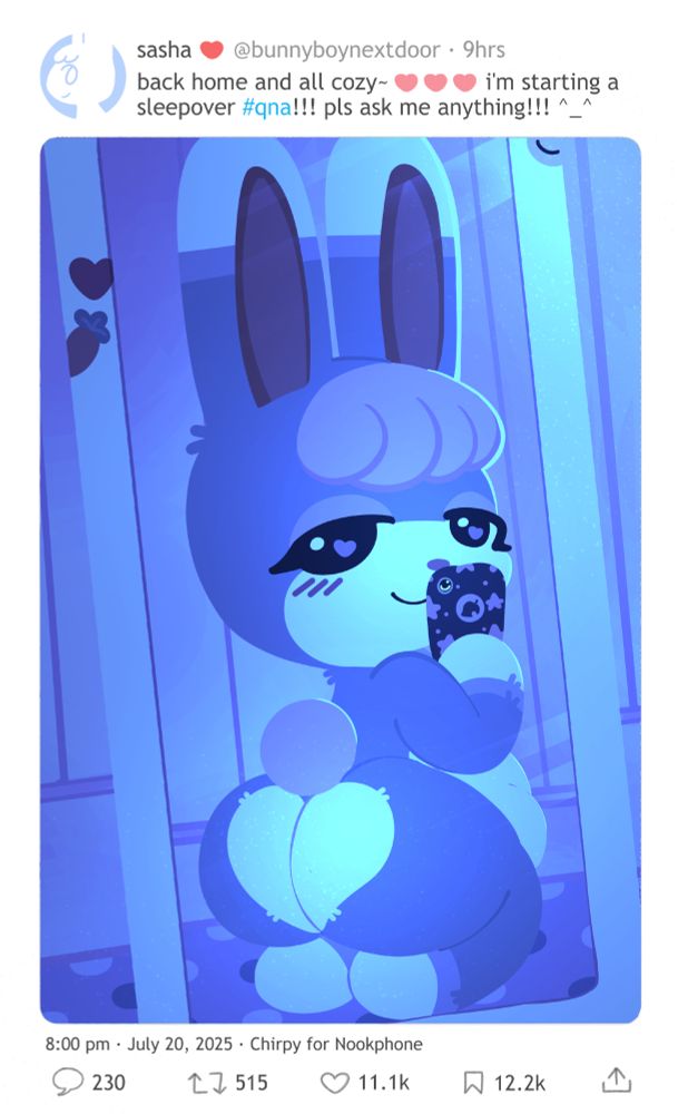 An illustration of Sasha from Animal Crossing on a fake social media post. Sasha is sitting on the floor of his home in front of a mirror at night, taking a selfie of his butt. The fake post's caption reads, "back home and all cozy~ ❤️❤️❤️ i'm starting a sleepover #/qna!!! pls ask me anything!!! ^_^"