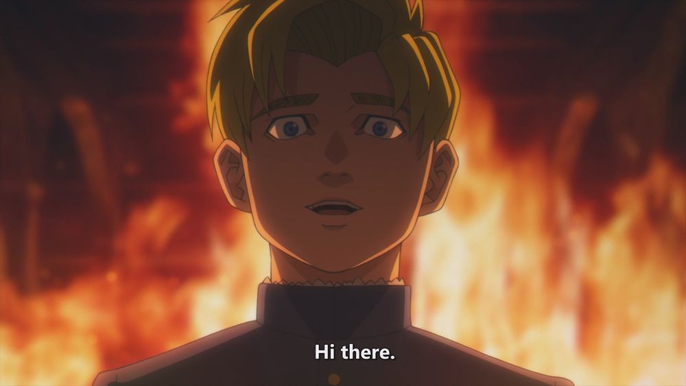 A screenshot of Rafal from Orb: On the Movements of the Earth anime. He's standing in a burning church with a big fire behind him and saying, "Hi there." 