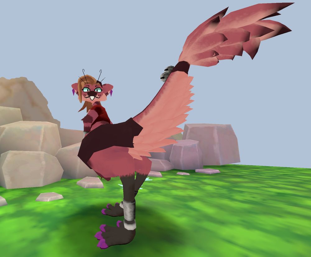 Taylor as a yinglet. His back is to the viewer while looking back to them. His large tail is quite prominent in the image.