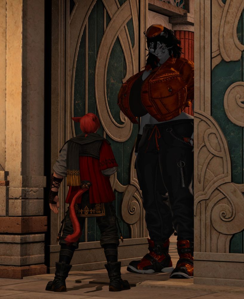 A female hrothgar, standing in the doorway before G'raha Tia. He is barely waist height to her mountainous, ever growing form. Her "baggage" nearly weighs twice his mass. His carrying capacity definitely pales in comparison to hers.