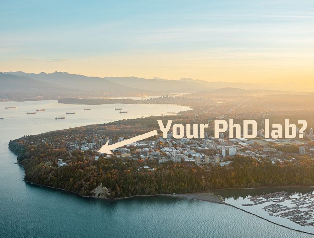 Aerial picture of the UBC campus, with an arrow pointing to a building and text asking "Your PhD lab?"