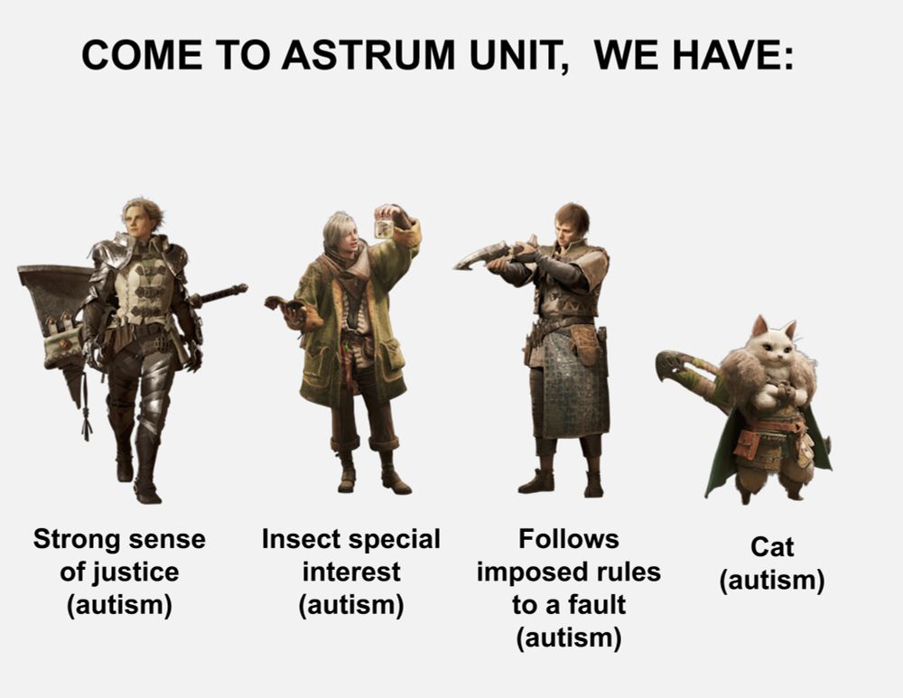 Come to Astrum Unit, we have: Olivia, strong sense of justice (autism). Eric, insect special interest (autism). Werner, follow imposed rules to a fault (autism). Cat (autism).
