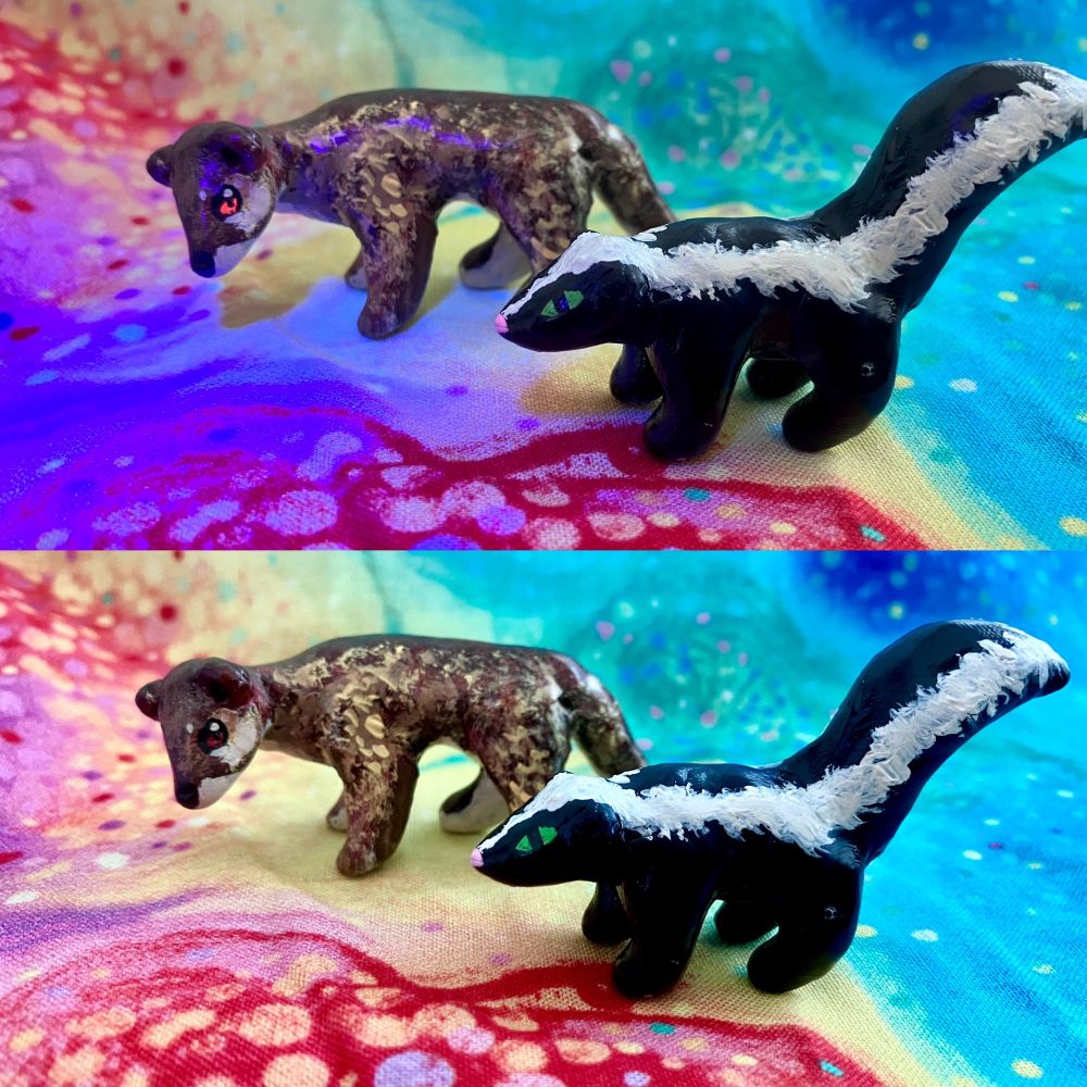 A pair of handmade sculptures (made with polymer clay and painted with acrylic paint) of a spotless genet and a striped skunk. There are two views, one under a faint blacklight showing the uv reactive  spots and the other under natural light