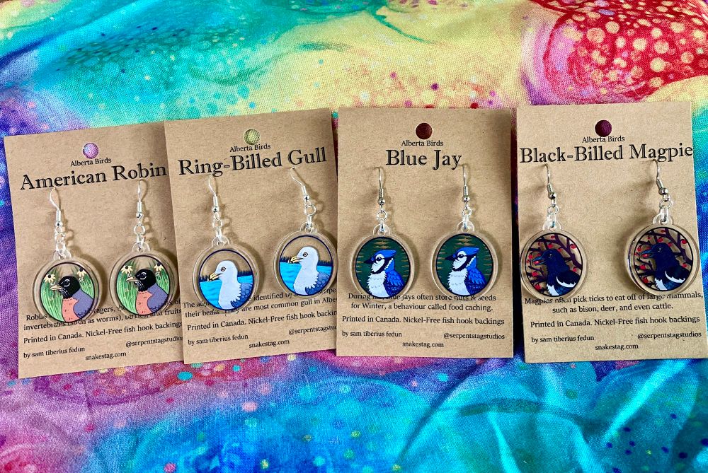 A collection of bird earrings drawn by me; birds included are american robin, ring-billed gull, blue jay, and black-billed magpie