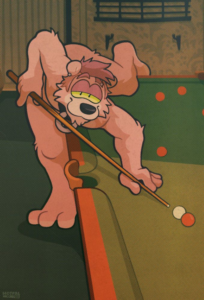 Motfal, pink bear, playing snooker leant over a snooker table with a vintage feel, based on a series of mock photoshoots of the pink panther released circa 1980