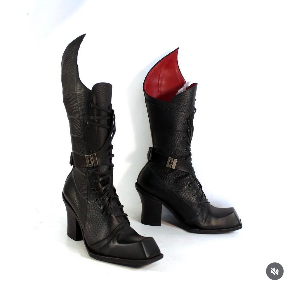 A black pair of angular leather boots that Elphaba wears in the new Wicked movie.
