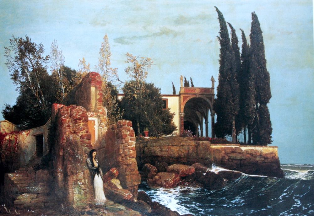 Painting of a woman by ruins near the ocean with a villa and cypresses in the background. Arnold Böcklin, “Villa by the Sea”, 1878.