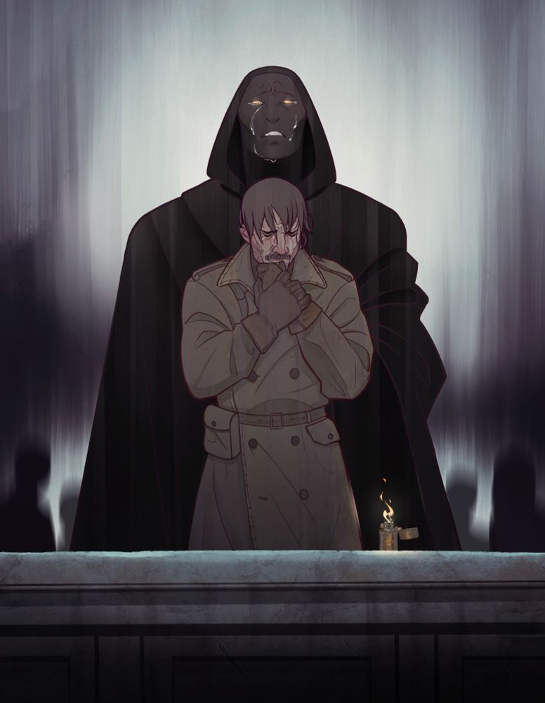 This digital illustration features Arthur Lester at the center of the frame, dressed in a stained  WW1 trench coat, his right gloved hand clutching his left against his chest. His head is downcast looking to the right, jaw clenched and tears running lines through the dirt on his face. In front of him there is an above ground ornate stone crypt. On top of the crypt stands his lighter, its flame burning brightly, the small warm glow touching Arthur's side and Johns cloak. John stands directly behind Arthur, his large black shape like a barrier between Arthur and the grey purple skies above. His left arm is lifted up, becoming Arthur's left arm at the front. His head is pitched skyward as he eulogises. His eyes are unfocused, remembering, and tears are running down his ashen face. They grieve his life, their life, and death. Behind them in the distance are the inky blurred silhouettes of people watching on silently. 