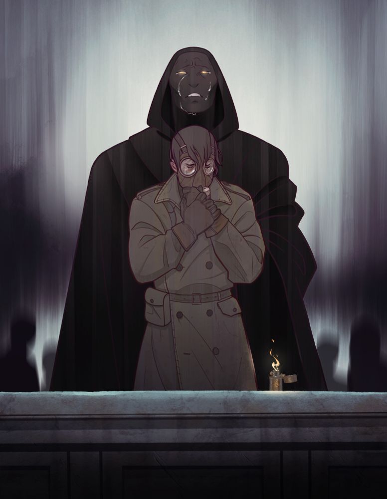 This digital illustration features Arthur Lester at the center of the frame, dressed in a stained  WW1 trench coat, his right gloved hand clutching his left against his chest. His head is downcast looking to the right and he is wearing a gas mask over his head, hiding most of his face, only his tightly closed eyes can be seen through the tarnished glass lenses of the mask. In front of him there is an above ground ornate stone crypt. On top of the crypt stands his lighter, its flame burning brightly, the small warm glow touching Arthur's side and Johns cloak. John stands directly behind Arthur, his large black shape like a barrier between Arthur and the grey purple skies above. His left arm is lifted up, becoming Arthur's left arm at the front. His head is pitched skyward as he eulogises. His eyes are unfocused, remembering, and tears are running down his ashen face. They grieve his life, their life, and death. Behind them in the distance are the inky blurred silhouettes of people watching on silently. 
