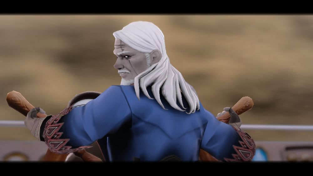 Screenshot from the game "FANTASIAN Neo Dimension" on the Nintendo Switch. The captain turn his head around while holding the steering wheel firmly.