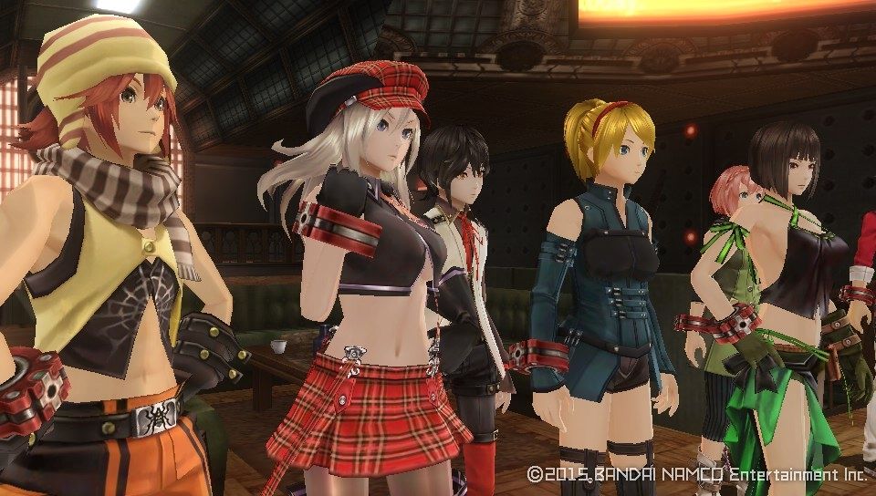 Screenshot from the game "God Eater: Resurrection" on the PS Vita. All the hero are ready for their next mission. The all stand in line eager to set out.