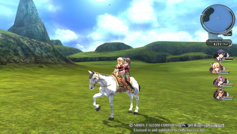Screenshot from the game Trails of Cold Steel on the PS vita. The character are riding on a horse during daytime to cross a large grass field with mountains visible in the distance. 