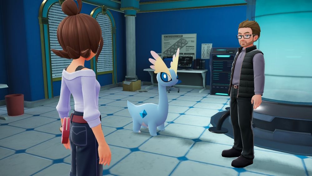 Screenshot from the game "Pokémon Legends: Z-A" on the Nintendo Switch.  The main player is standing in the research lab next to the Pokemon Amaura and a lab researcher. Different scientific devices and small boxes are standing in the lab.