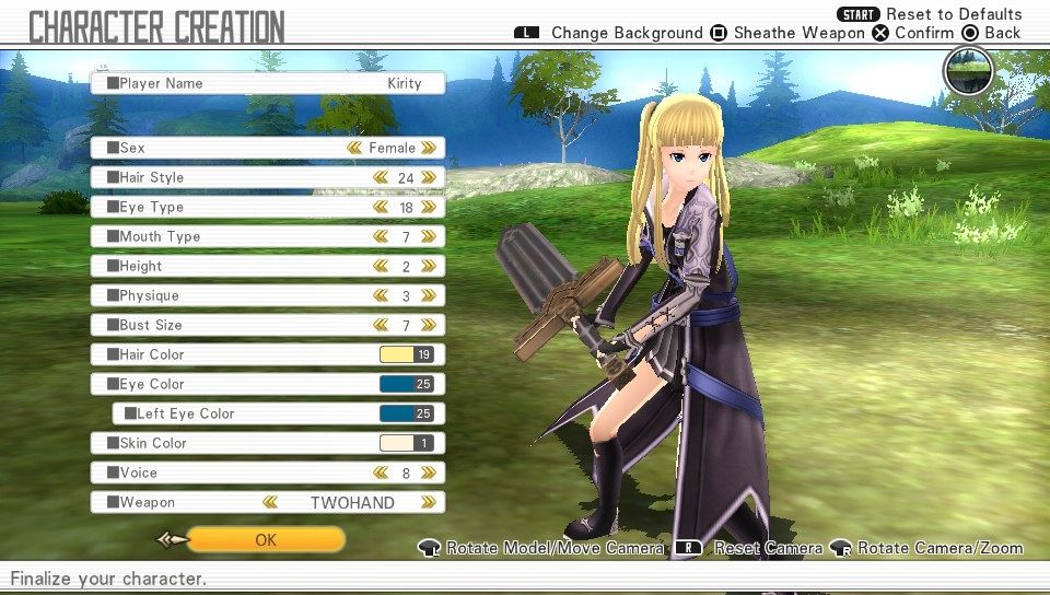 Screenshot from the game "SWORD ART ONLINE - Hollow Realization" on the PS Vita from the character creation screen. A character with long blond hair and a long swords is standing ready to strike.